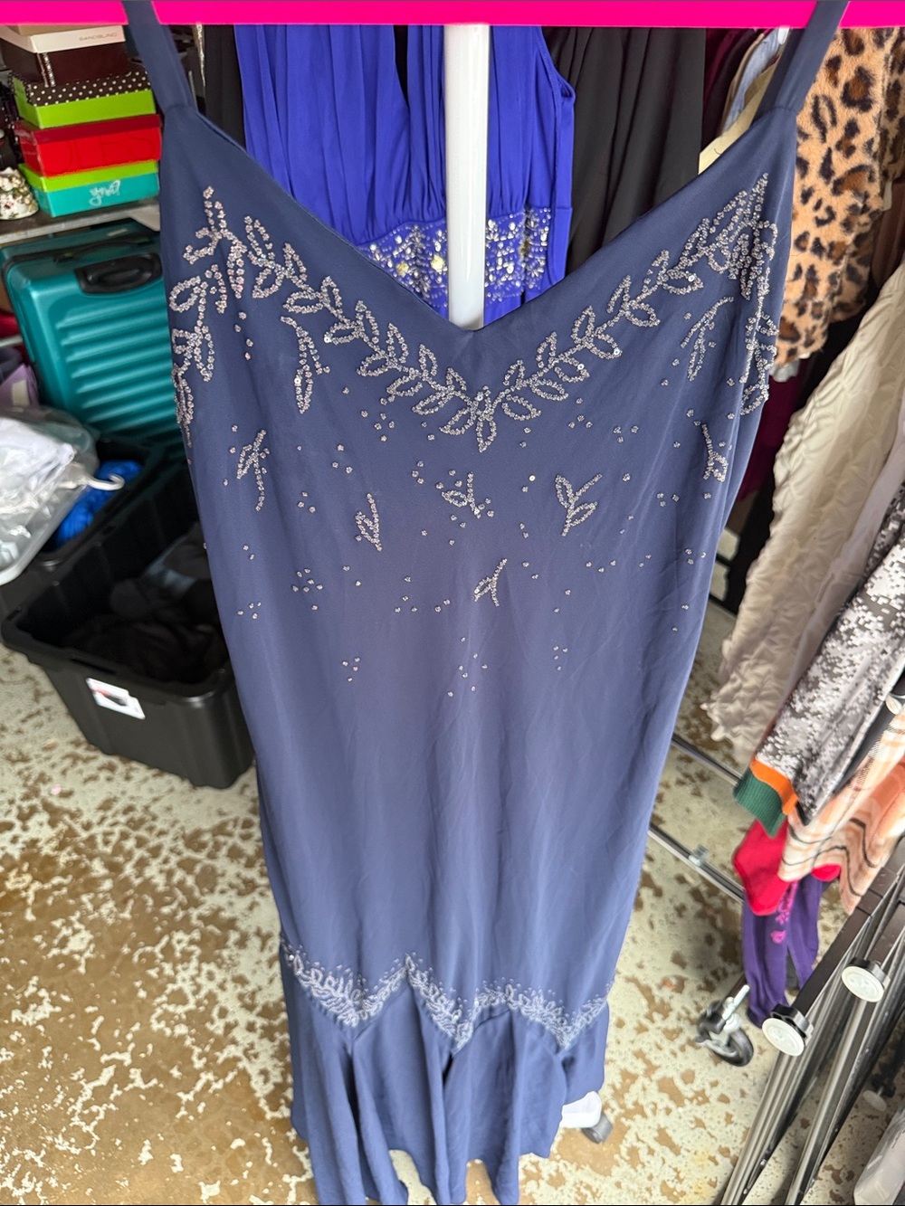 R&M Richards Navy Beaded Maxi Slip Dress